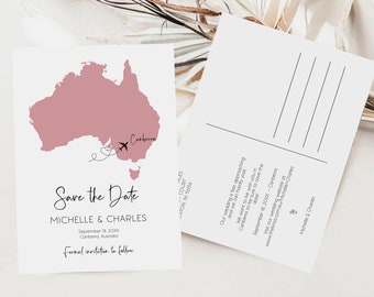 Australia Save the Date Template with Postcard, Travel Invitation, Editable Wedding Invite, Printable Card, Australian Map