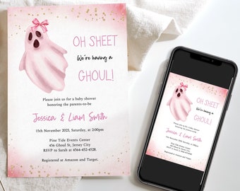 May include: A rectangular baby shower invitation card featuring a watercolor pink ghost with a bow, gold glitter accents, and the text OH SHEET We're having a GHOUL! alongside a smartphone displaying the same invitation design on its screen.