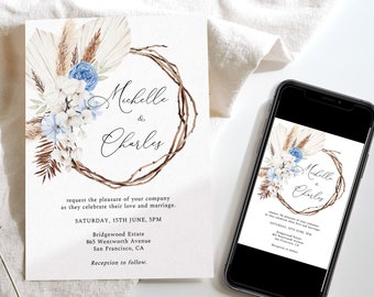 Boho pampas wedding invitation, beige dusty blue sage invitation, printable boho wreath wedding invitation template, rustic invite, BH5