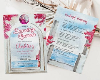 Mediterranean Disco Bachelorette Invitation With Itinerary, Last Dance, Weekend Itinerary, Beach Invitation, Bougainvillea, Santorini Greece