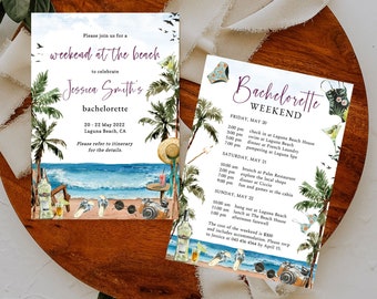Beach Bachelorette Itinerary, Tropical Summer Wedding, Beach Wedding Party, Destination Wedding Invite, Traveling Wedding Invite, Agenda