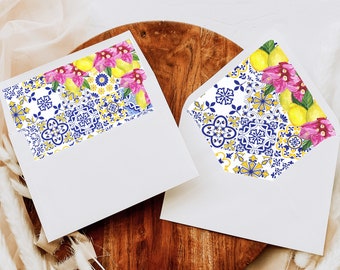 Mediterranean Envelope Liner, A7 Envelope Liner with Lemons and Bougainvillea, Printable DIY Envelope Liner, Blue Azulejo Tiles, ME2