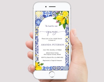 Mediterranean Lemon Bridal Shower Electronic Invitation, Blue Tiles Evite, Digital Invite, Summer Bridal Shower Text Message Invitation, ME3