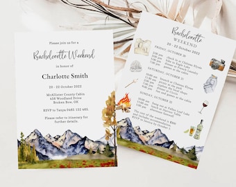 Cabin Trip Invitation with Itinerary, Fall mountain with wildflowers, Cabin Bachelorette Party, Camp Bachelorette, Fall Bachelorette Weekend