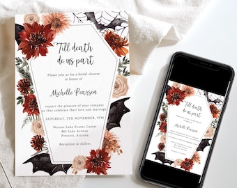 May include: Bridal shower invitation with a coffin-shaped design. The invitation features burgundy flowers, bats, and the text "Till death do us part." The invitation is displayed on a white surface, with a smartphone showing the same design.