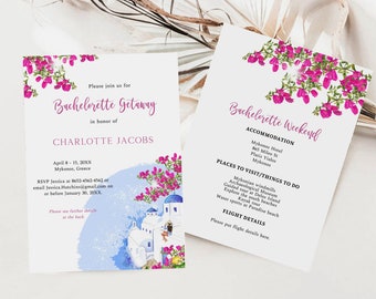 Santorini Bachelorette Invitation with Itinerary, Greece travel bachelorette weekend invitation, Greece Getaway, Mykonos, Mediterranean