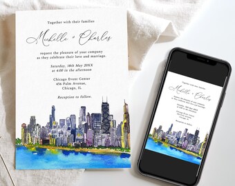 Chicago Wedding Invitation, Chicago Skyline Wedding Invitation Template, Save the date, Bridal Shower, Instant Download, Chicago Painting