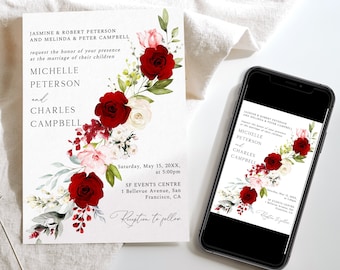 Red and White Wedding Invitation, Red Roses Wedding Invite, Floral Wedding, Editable Wedding Template, Printable Card, Instant Download, G26