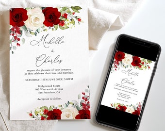 Red and White Wedding Invitation, Red Roses Wedding Invite, Floral Wedding, Editable Wedding Template, Printable, Instant Download, G26