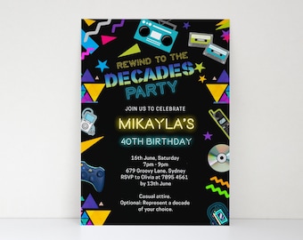 Decades Party Invitation, 2000s Party Invite, Decades Birthday Invites, Neon 80s 90s 2000s Party Invitation, Printable Throwback Decades