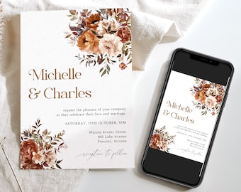 Fall Wedding Invitations, Autumn Wedding Invite, Terracotta Wedding Invite, Burnt Orange Wedding, Fall Leaves, Rustic Wedding, F08