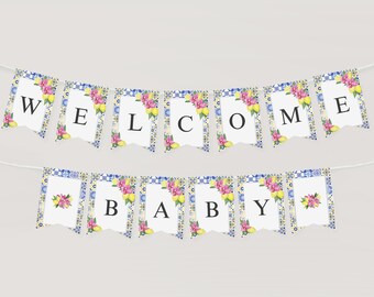 Mediterranean Lemon Baby Shower Party Banner, Welcome Baby Bunting, Blue Tiles Bougainvillea Lemon, Summer Baby Shower, Instant Download,ME2