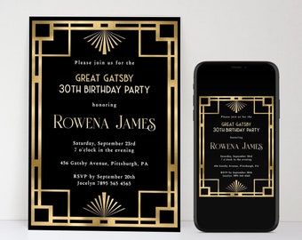 Grande invitation d’anniversaire Gatsby, art déco, rugissant 20s, noir et or, vieux hollywood glam inviter, invitation partie adulte, modifiable, imprimable