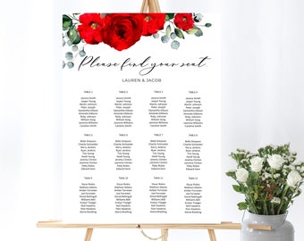 Wedding seating chart red, wedding seating chart template, wedding seating sign, floral seating chart,  seating sign wedding, Valerie