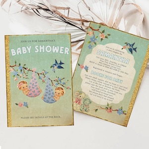 Boy and Girl Twins Baby Shower Invite, Retro Storybook Twins Baby Shower Invitation, Vintage Chapter Book Themed Baby Shower Invite, ST1GBT image 1