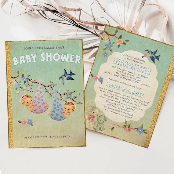 Boy and Girl Twins Baby Shower Invite, Retro Storybook Twins Baby Shower Invitation, Vintage Chapter Book Themed Baby Shower Invite, ST1GBT