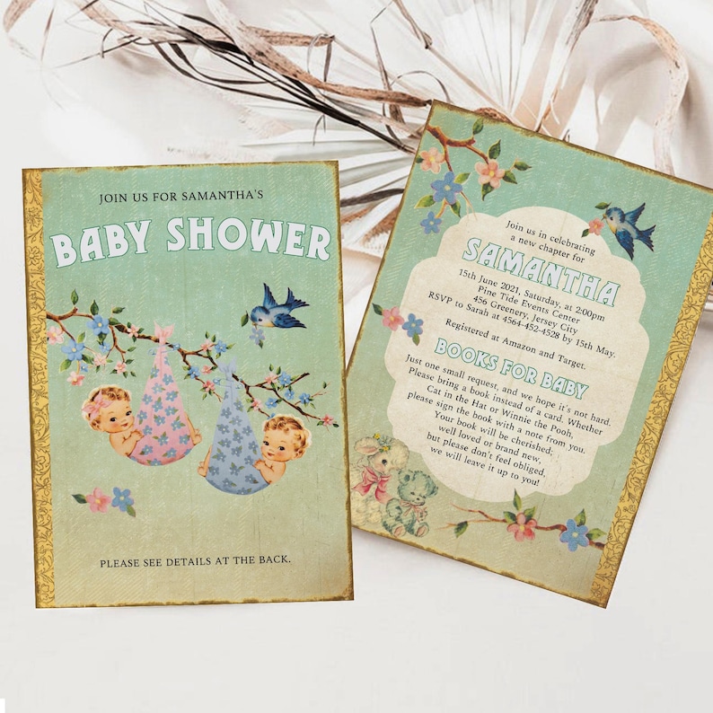 Boy and Girl Twins Baby Shower Invite, Retro Storybook Twins Baby Shower Invitation, Vintage Chapter Book Themed Baby Shower Invite, ST1GBT image 1