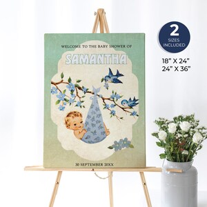May include: A baby shower welcome sign with a blue and white floral design. The sign features a baby in a blue and white floral bunting, two blue birds, and the text "WELCOME TO THE BABY SHOWER OF SAMANTHA 30 SEPTEMBER 20XX".