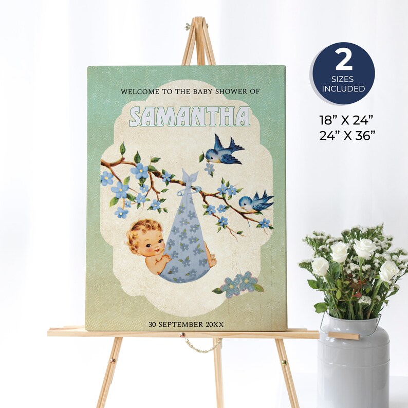 May include: A baby shower welcome sign with a blue and white floral design. The sign features a baby in a blue and white floral bunting, two blue birds, and the text "WELCOME TO THE BABY SHOWER OF SAMANTHA 30 SEPTEMBER 20XX".