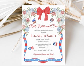 Red White and Due Baby Shower Invitation, 4th of July Theme Baby Shower Invitation, Patriotic Memorial Day Baby Shower, Coquette Bow, B69