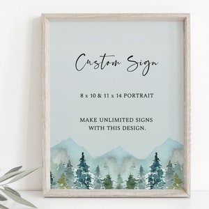 Plantilla de letrero personalizado de montaña azul, letrero de bosque imprimible, letrero de montaña rústico, pinos, letrero personalizado de boda de invierno, Cayley