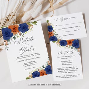 Ensemble de faire-part de mariage bleu marine et terre cuite, faire-part de mariage automne, mariage floral, carte RSVP, carte détaillée, téléchargement immédiat, G48