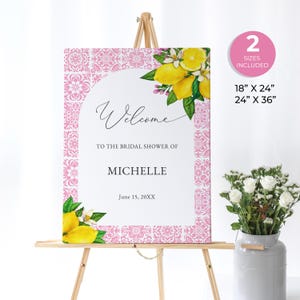 Letrero de bienvenida para despedida de soltera mediterránea en rosa, personalizado con temática de cítricos y limón, azulejos rosas, costa de Amalfi italiana, letrero rosa y amarillo, ME30