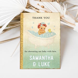 Modello di biglietto di ringraziamento con libro di fiabe retrò, biglietto stampabile per baby shower a tema libro di capitoli, baby shower vintage, baby shower a forma di anatra, ST2R