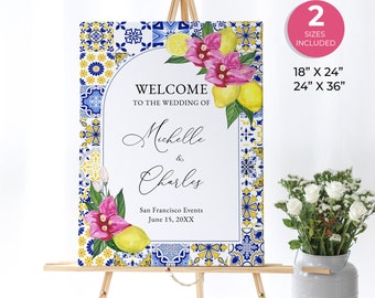 Mediterranean Lemon Wedding Welcome Sign, Blue Tiles Bougainvillea, Tuscan Italian Positano, Santorini, Modern Elegant Custom Sign, ME2