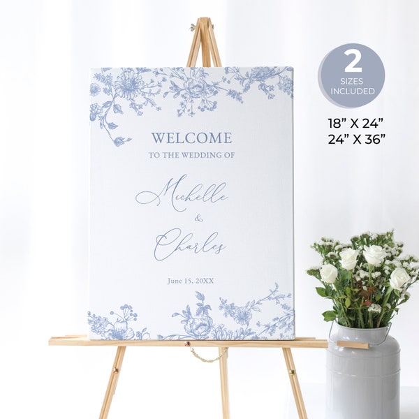 Dusty Blue Chinoiserie Wedding Welcome Sign, Blue Floral Line Art, Botanical Wedding Sign, Modern Minimalist Custom Sign, SP15