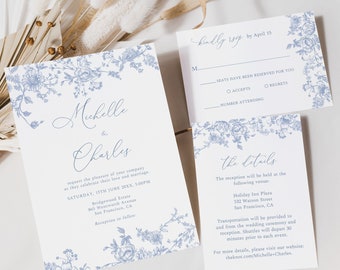 Dusty Blue Chinoiserie Wedding Invitation Set, Blue Floral Line Art, Botanical Invitation, Printable Bridal Shower, Instant Download, SP15