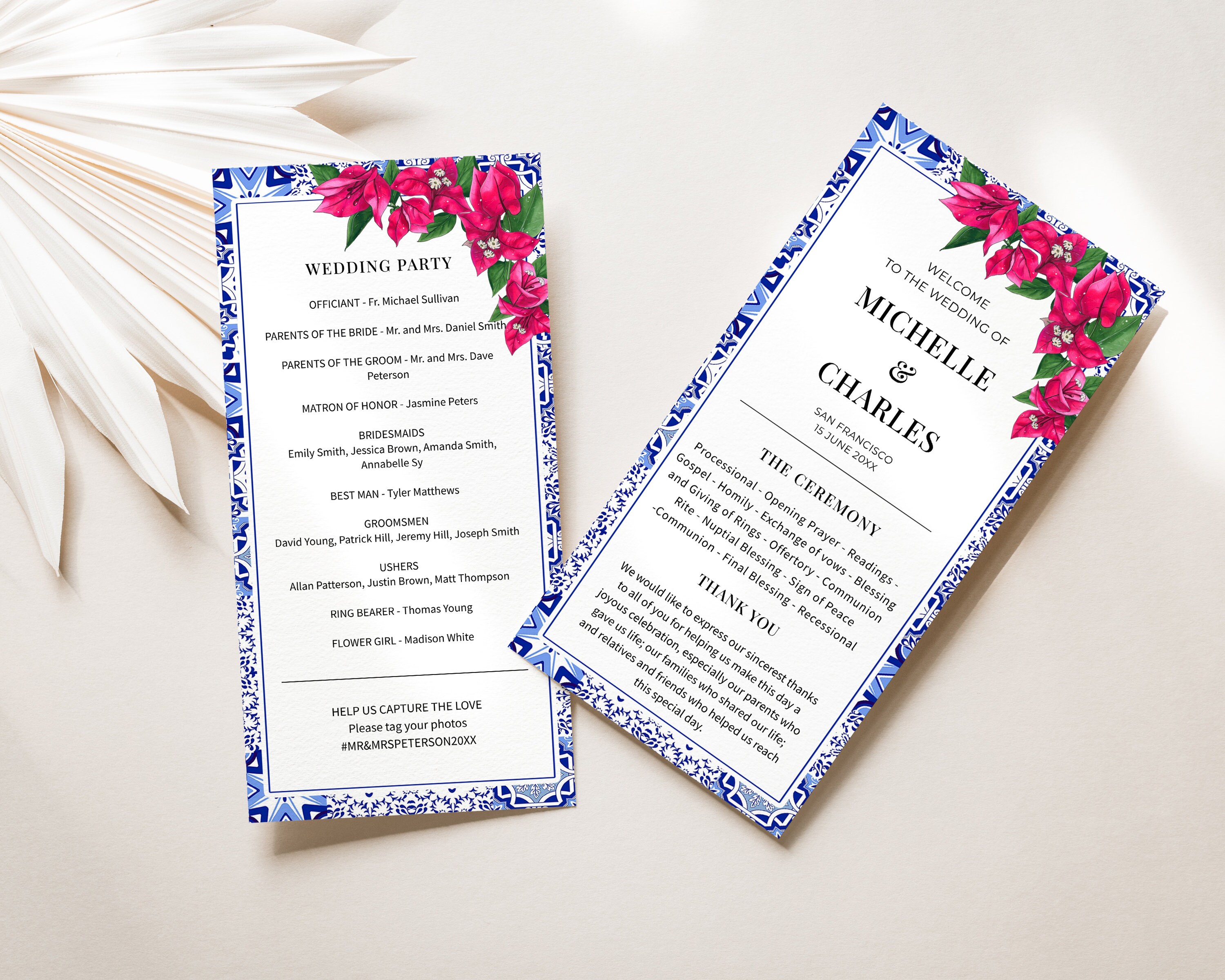 Blue Tiles Wedding Program Template, Mediterranean Summer Bougainvillea ...