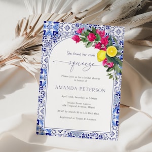 Mediterranean Lemon Bridal Shower Invitation, Hot Pink Flowers, Bougainvillea Blue Tiles Invitation, Citrus Invitation, Bridal Brunch, ME16