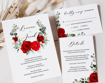 Red roses wedding invitation, red wedding invitation, red floral wreath wedding invitation template, winter red wedding invitation, Valerie