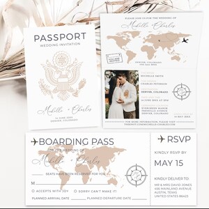 Invitación de boda con pasaporte estadounidense, mapa de EE. UU., boda de destino, paquete de boda con pasaporte, tarjeta de embarque, boda de viaje, reserva la fecha