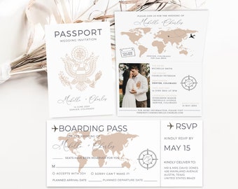 May include: A wedding invitation with a passport theme. The invitation features a map of the world, a compass, and the text "Please join us for the wedding of Michelle & Charles".