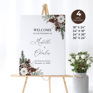 Cartello di benvenuto per matrimonio invernale, cartello di benvenuto per matrimonio di Natale, pigne, foglie di pino, rustico, bosco, matrimonio nella foresta, W19