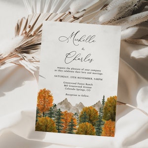 Fall Forest Wedding Invitation, Autumn Mountain Wedding Invite, Woodland Wedding, Outdoor Wedding, Rustic Adventure Destination Wedding,BD08