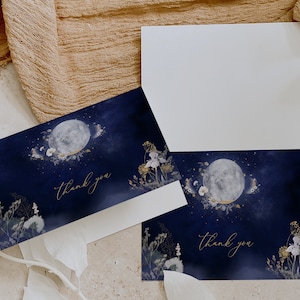 Blumenmond Dankeskarte, himmlische Hochzeitskarte, Wildblumen, Mond und Sterne, Gold und Marineblau, Sternennacht, Galaxie, BD06