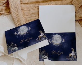 Floral Moon Thank You Card, Celestial Wedding Card, Wildflowers, Moon and Stars, Gold and Navy Blue, Starry Night, Galaxy, BD06