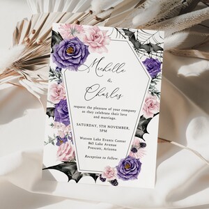 Lila und rosa Blumen-Halloween-Hochzeits-Einladung, Floral bearbeitbare Vorlage, gotische Hochzeitseinladung, Herbsthochzeitsankündigung, HAL11