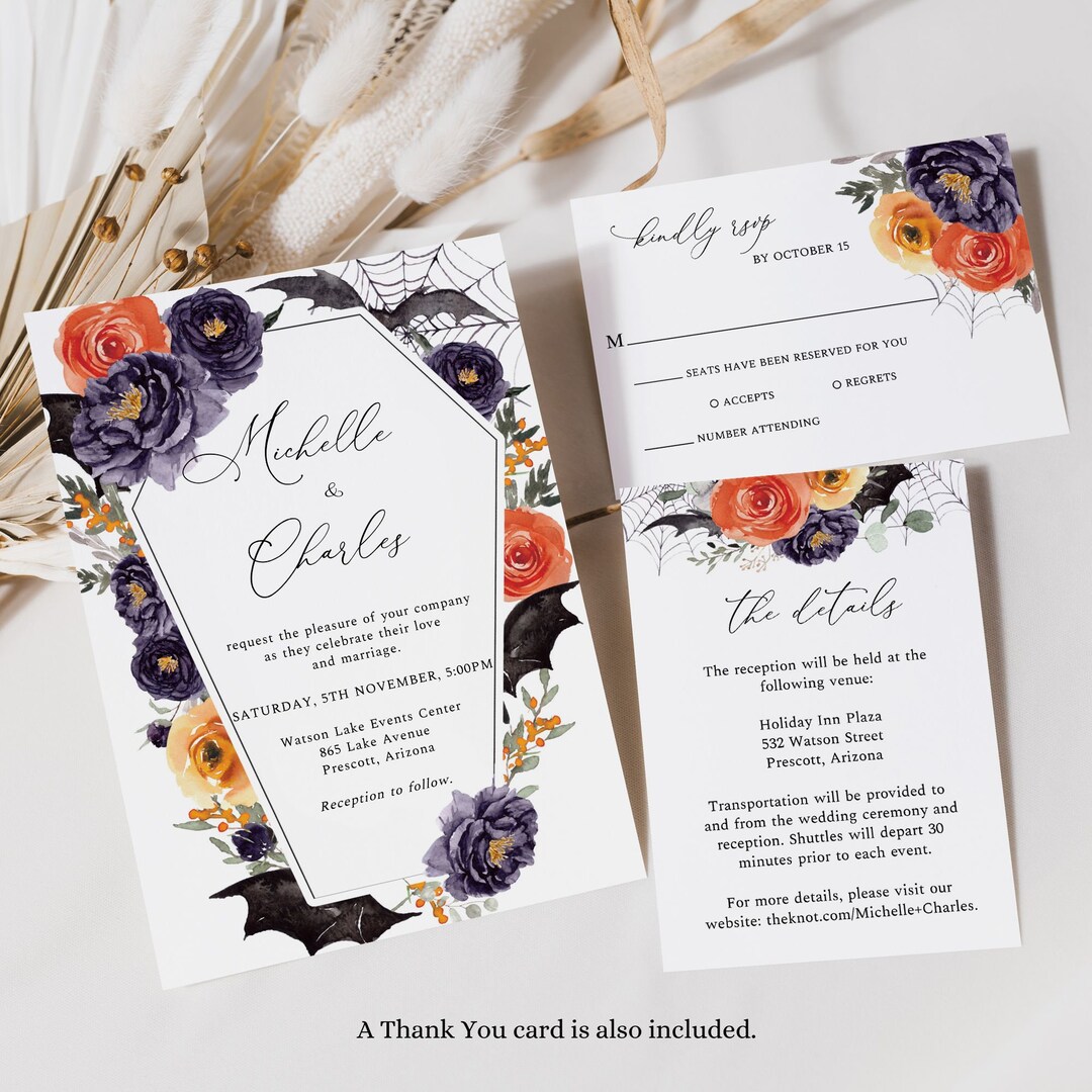 Editable Halloween Wedding Invitation Set, Gothic Wedding Invitation ...
