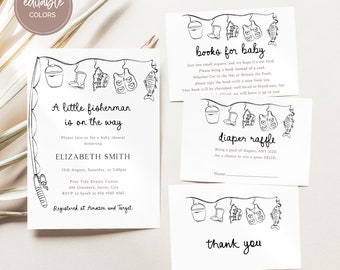 Bewerkbare A Little Fisherman baby shower uitnodiging bundel, jongen vissen baby shower uitnodiging, buiten baby shower, Instant Download, G46