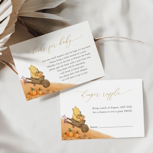May include: Two baby shower cards with Winnie the Pooh illustrations. One card reads "Books for Baby" and requests a book instead of a card. The other card says "Diaper Raffle" with a space for a name.