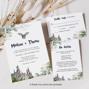 May include: A wedding invitation with a Harry Potter theme. The invitation features a watercolor illustration of Hogwarts castle and a golden snitch. The text reads "Madison + Thomas" and includes the date, time, and location of the wedding.