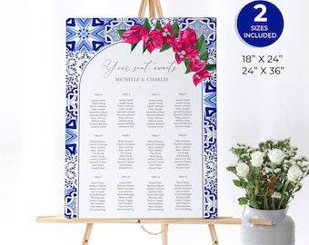 Mediterranean Wedding Seating Sign, Blue Tiles Bougainvillea, Fuschia Bougainvillea, Seating Chart, DIY Seating Board, Seating Poster, ME5