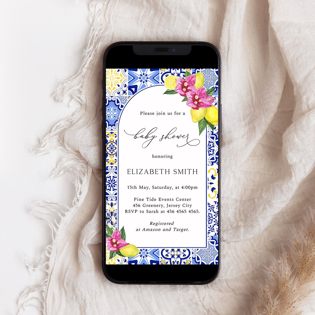 Mediterranean Lemon Baby Shower Text Message Invitation, Blue Tiles ...