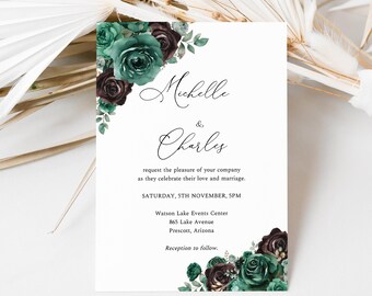 Emerald Green Wedding Invitation, Black and Green Floral Wedding Invite, Moody Botanical Wedding Template, Instant Download Editable, HAL20