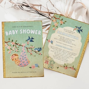 Retro Storybook-Babypartyeinladung, Babyparty-Einladung mit Kapitelbuch, Babyparty-Mädchen, bearbeitbare Vintage-Babyparty-Einladung, ST1G