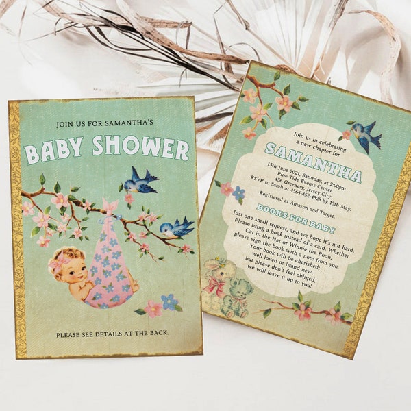 Retro Storybook Baby Shower Invitation, Chapter Book Themed Baby Shower Invite, Baby Shower Girl, Editable Vintage Baby Shower Invite, ST1G